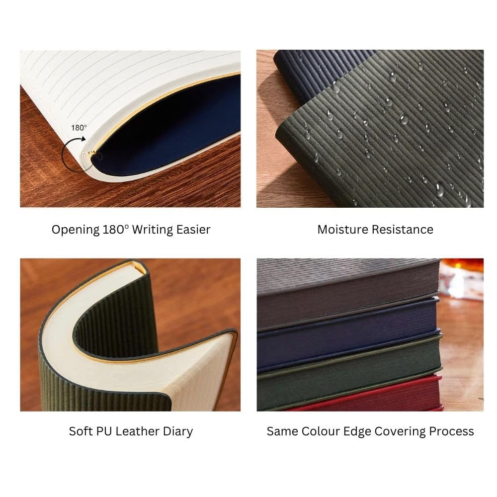 Soft PU Leather Lining Diary. Same Color Edge Non-Dated 200 Pages. Metal Coin Bookmark. Corporate Gifting, Office Use, Notes Writing.