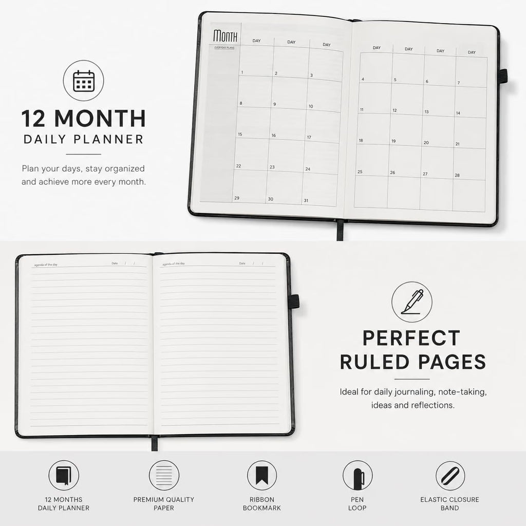 A5 Executive Diary Notebook with Premium PU Leather Cover, Ruled Journal, Elastic Closure, Pen Loop, Ribbon Bookmark & 12-Month Planner for Office, Business, Meetings & Personal Use