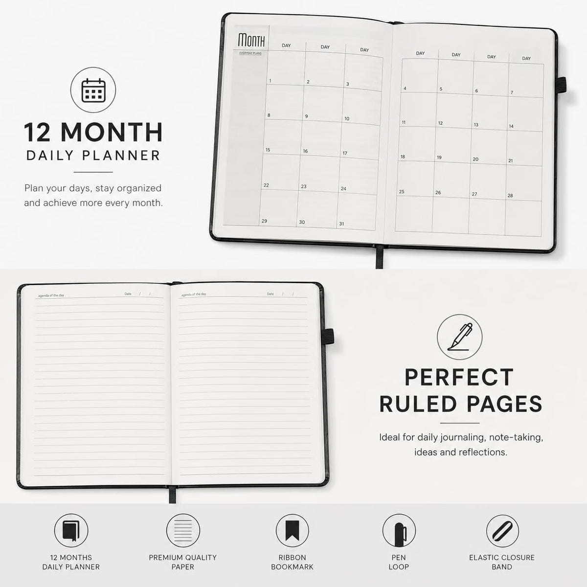 A5 Executive Diary Notebook with Premium PU Leather Cover, Ruled Journal, Elastic Closure, Pen Loop, Ribbon Bookmark & 12-Month Planner for Office, Business, Meetings & Personal Use