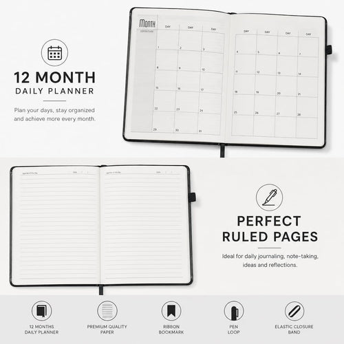A5 Executive Diary Notebook with Premium PU Leather Cover, Ruled Journal, Elastic Closure, Pen Loop, Ribbon Bookmark & 12-Month Planner for Office, Business, Meetings & Personal Use