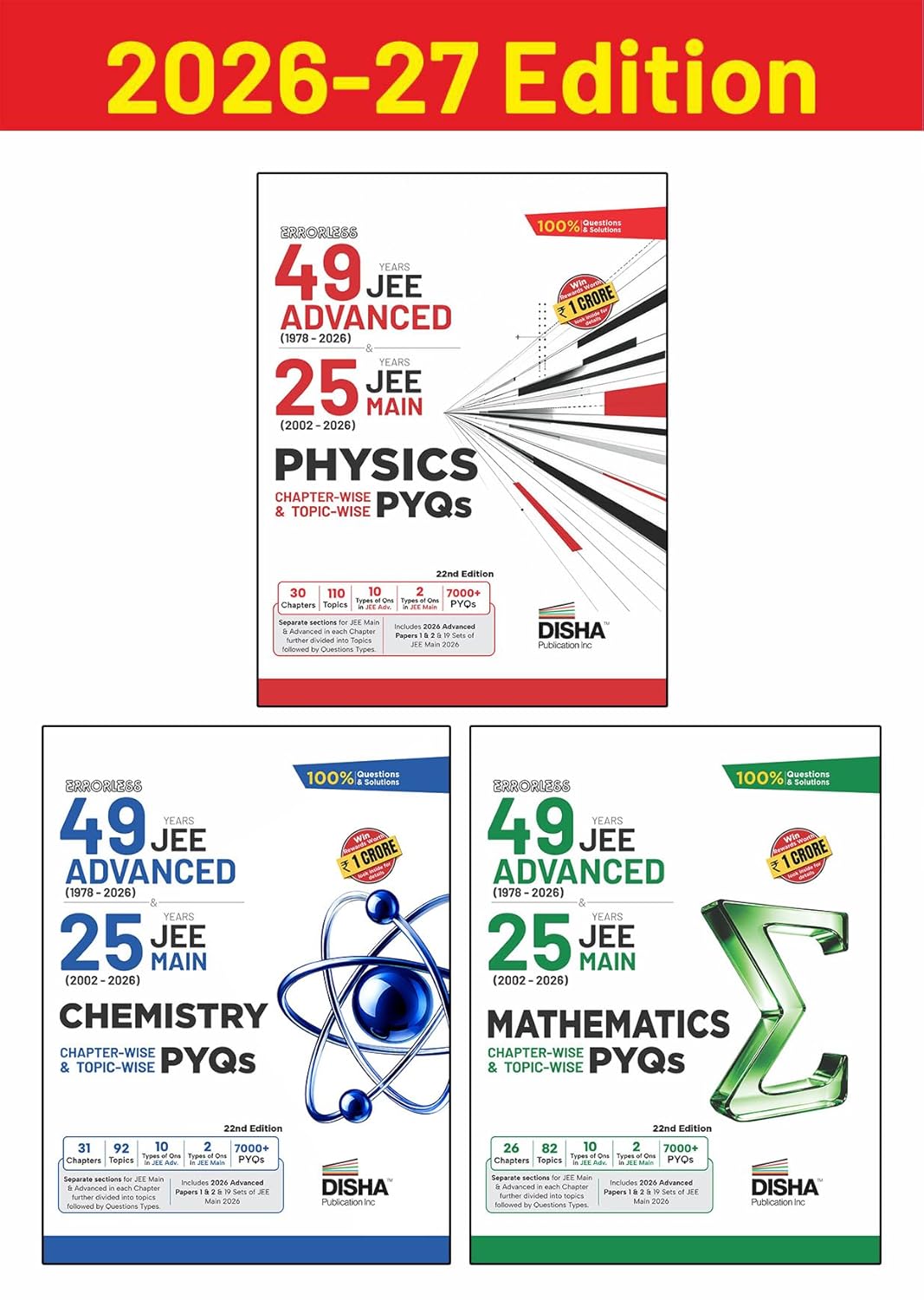 Disha Combo (3 Books) Errorless 49 Years JEE Advanced (1978 - 2026) & 25 Year JEE Main (2002 - 2026) PHYSICS, CHEMISTRY & MATHEMATICS Chapter-wise & Topic-wise PYQs 22nd Ed. | For JEE Main & Adv 2027