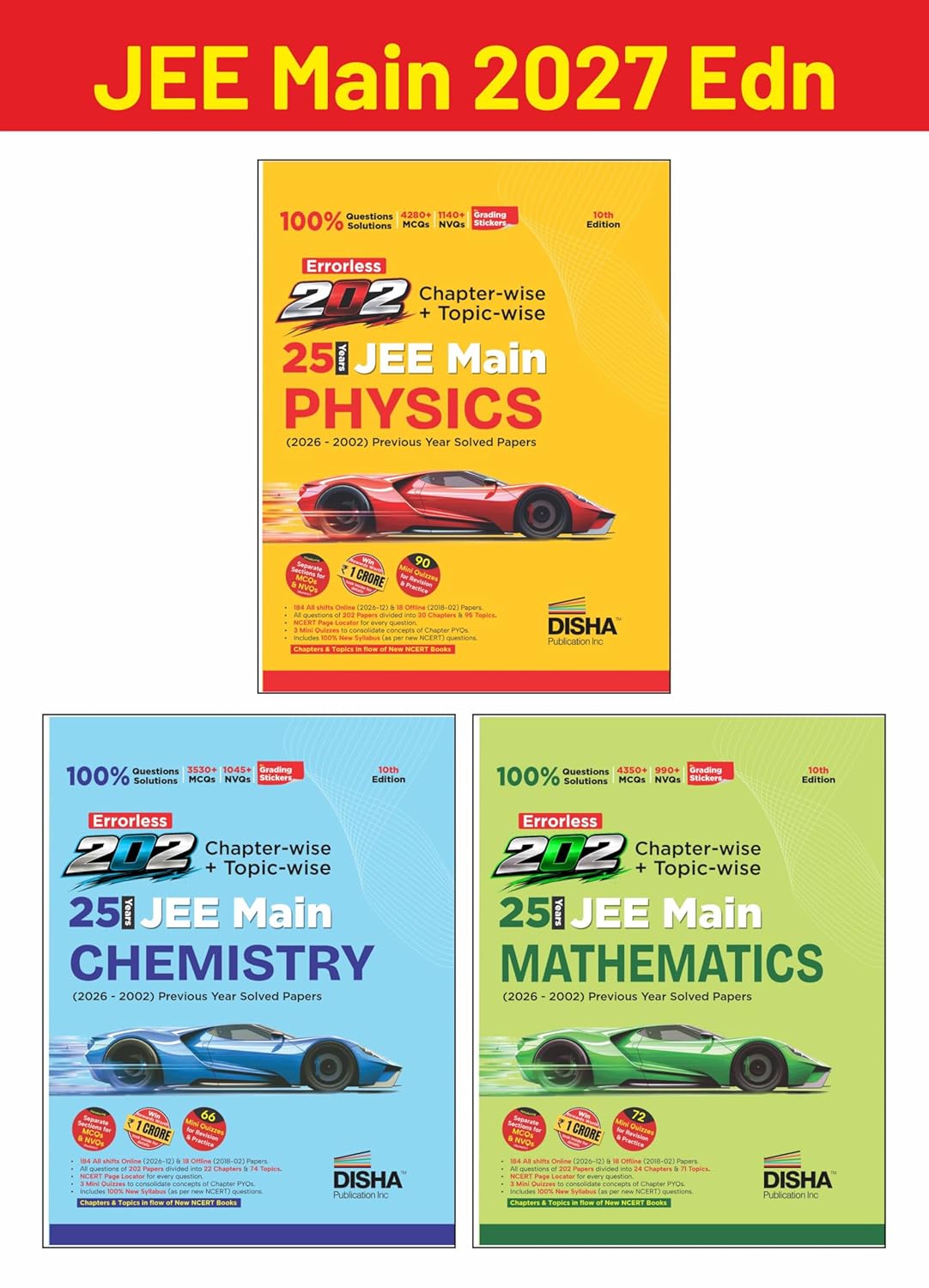 Disha Combo (3 Books) Errorless 202 Physics,Chemistry & Mathematics Chapter-wise & Topic-wise 25 Year JEE Mains Previous Year Solved Papers (2026 - 2002) 10th Edn|Fully Solved JEE MAINS 2027 PYQ Book