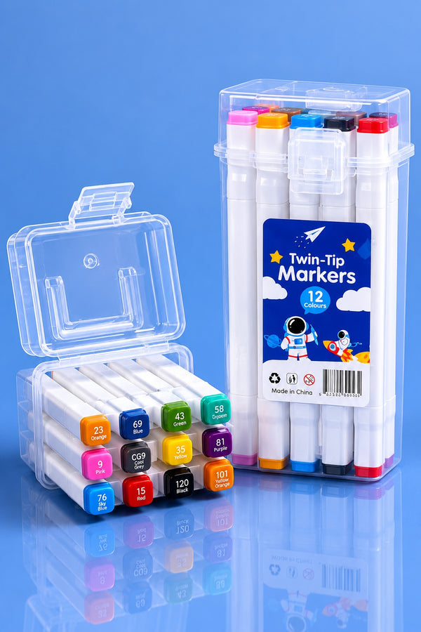 12 PCS Twin tip markers pen set (WITH BOX)